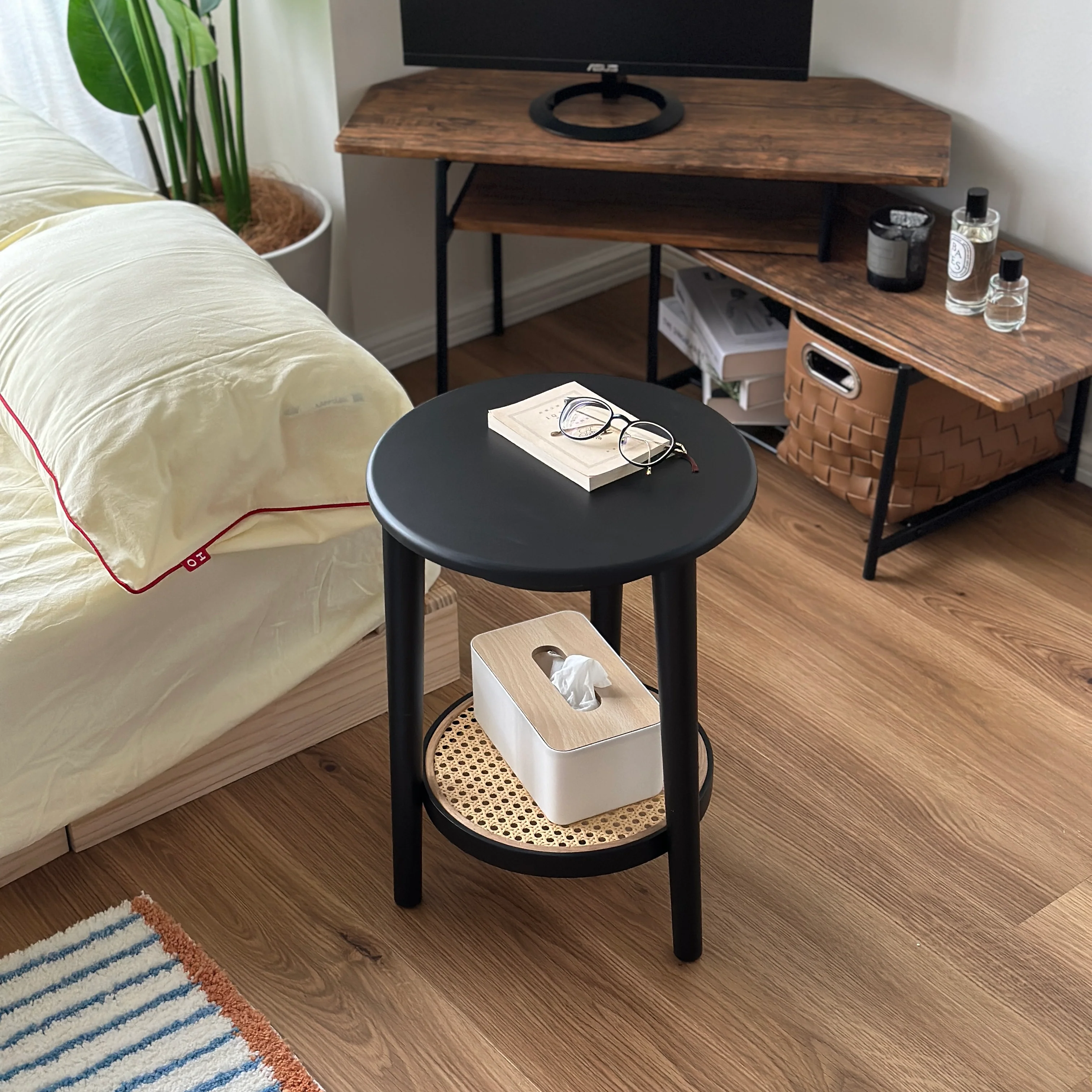 ラタン調ラウンドミニテーブル