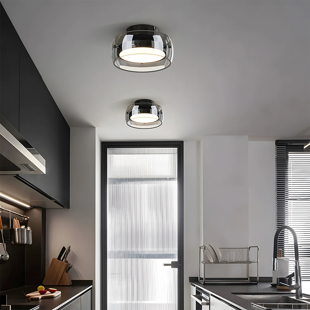 ヴィンテージ レトロ ガラス フラッシュ LED シーリングライト ブラック 奥行き20cm