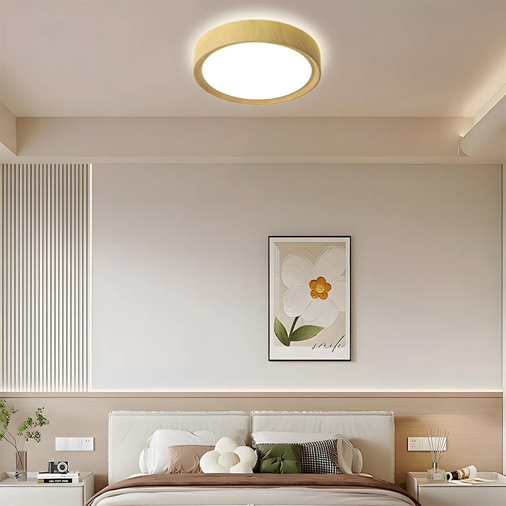 モダンミニマリストラウンドウッドカラーアイアンLEDシーリングライト