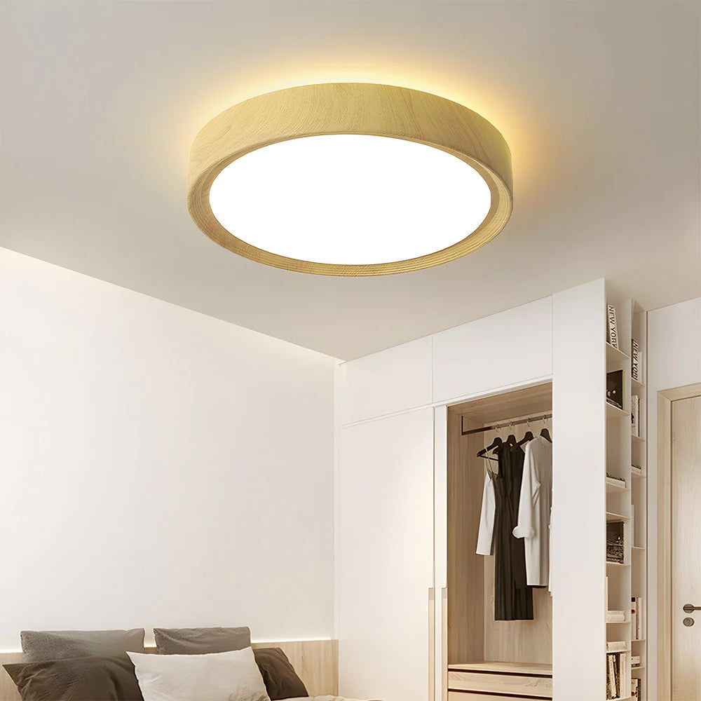 モダンミニマリストラウンドウッドカラーアイアンLEDシーリングライト