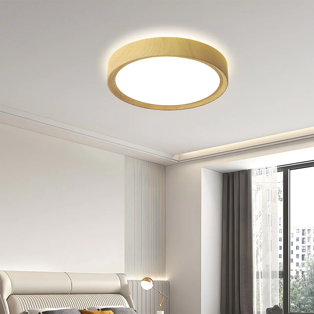 モダンミニマリストラウンドウッドカラーアイアンLEDシーリングライト