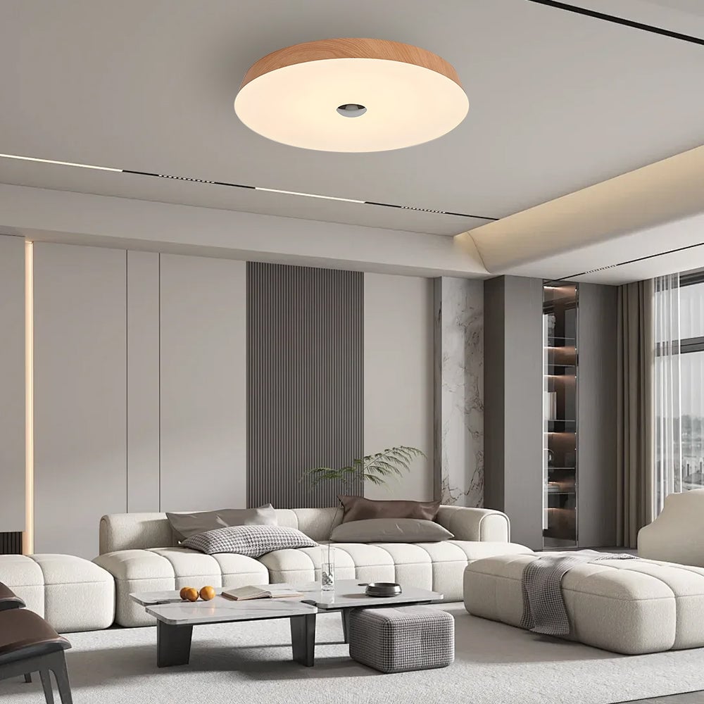 ナチュラルな木目調のシンプルな丸型寝室用LEDシーリングライト