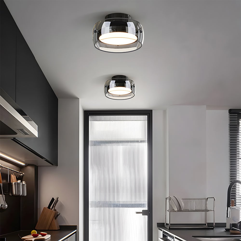 ヴィンテージ レトロ ガラス フラッシュ LED シーリングライト ブラック 奥行き20cm