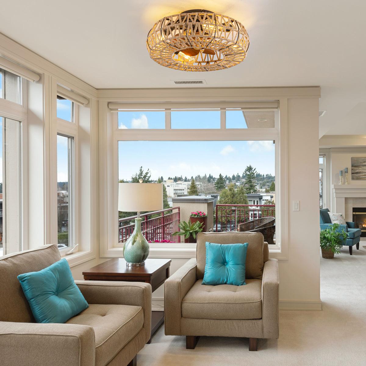 リモコンシーリングファンランプ付き麻ひも