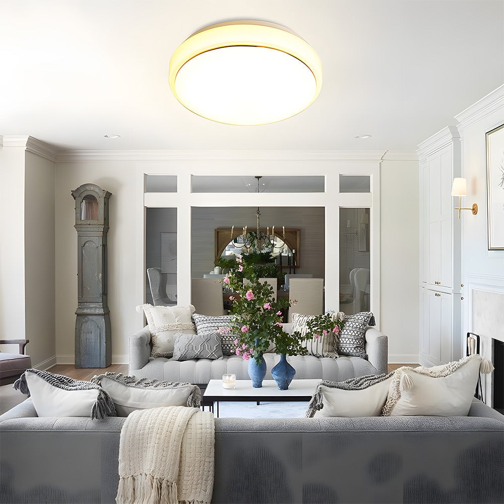 モダンなリビングルームにぴったりの、洗練された丸型LEDシーリングライト