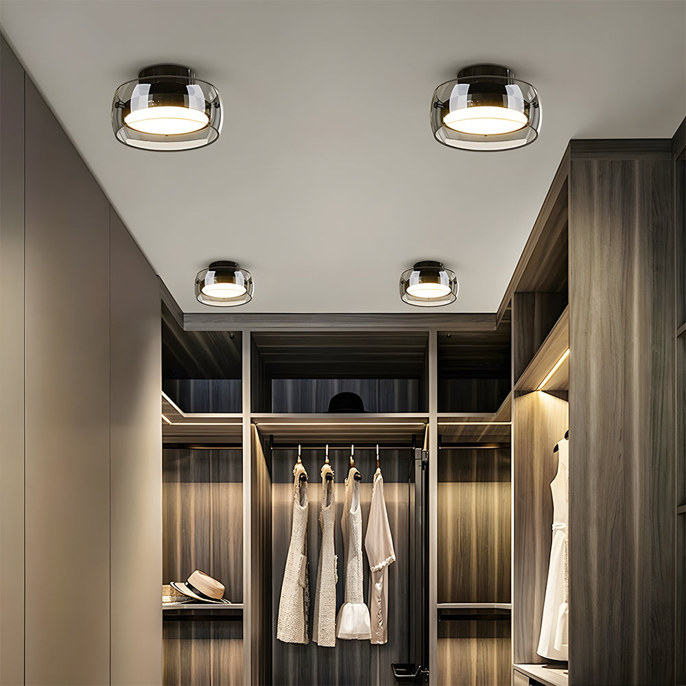 ヴィンテージ レトロ ガラス フラッシュ LED シーリングライト ブラック 奥行き20cm