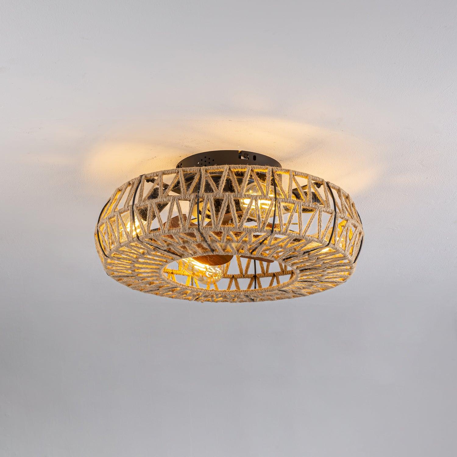 リモコンシーリングファンランプ付き麻ひも