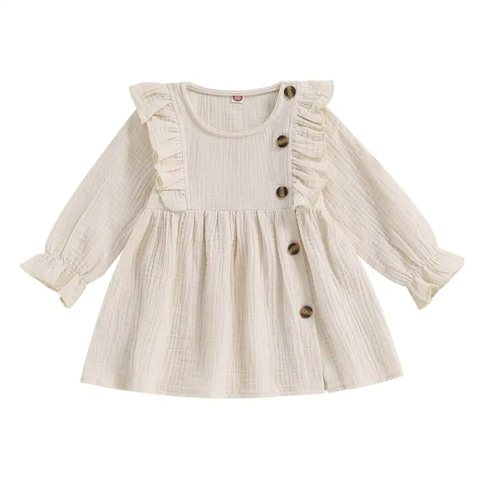 Long Sleeve Solid Buttons Toddler Dress