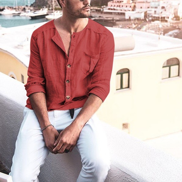 Men's button stand collar long sleeve shirt