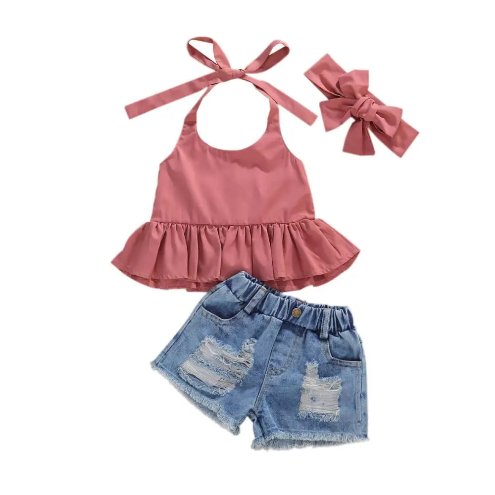 Crop Top Denim Shorts Toddler Set
