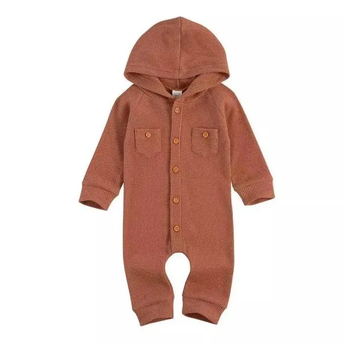 Solid Waffle Hooded Baby Jumpsuit