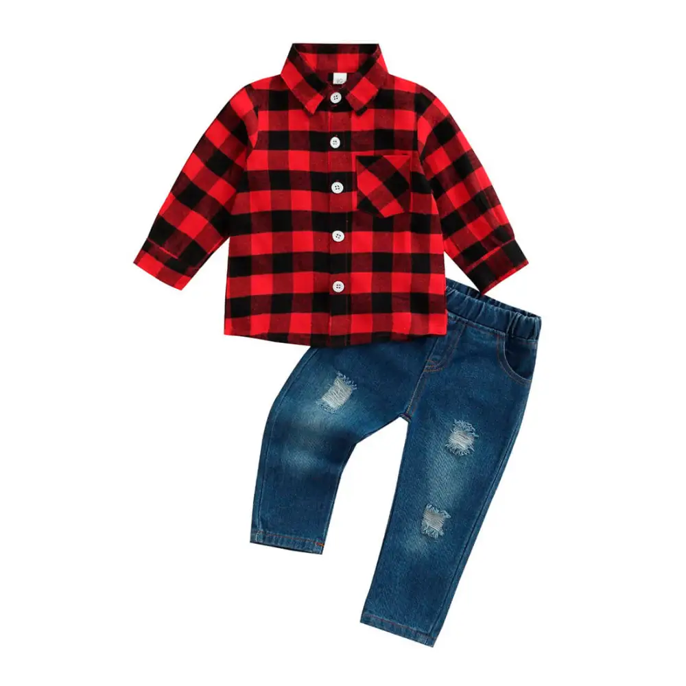 Plaid Shirt Ripped Jeans Set