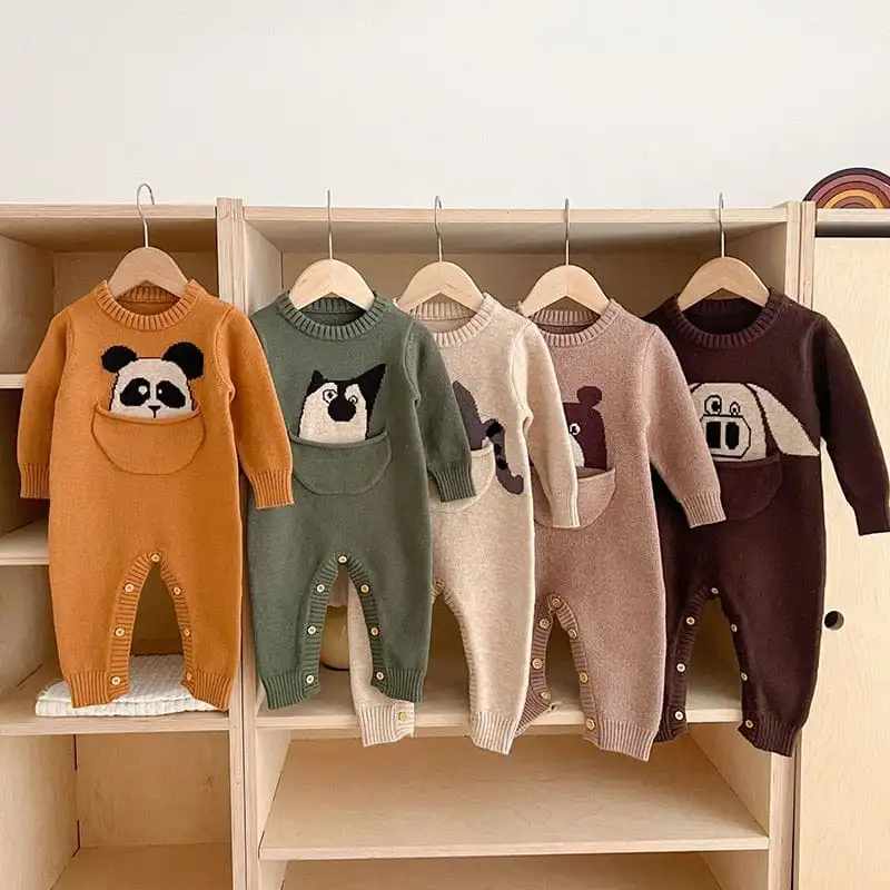 Cartoon Print Long Sleeve Baby Knitted Jumpsuit