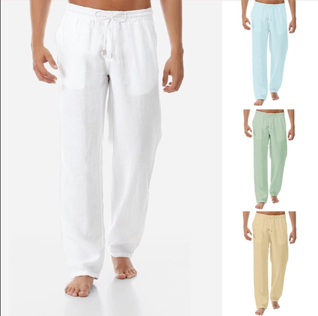 Men's simple fashion solid color casual cotton and linen trousers