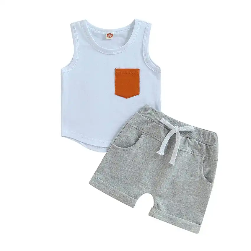 Sleeveless Pocket Solid Shorts Baby Set