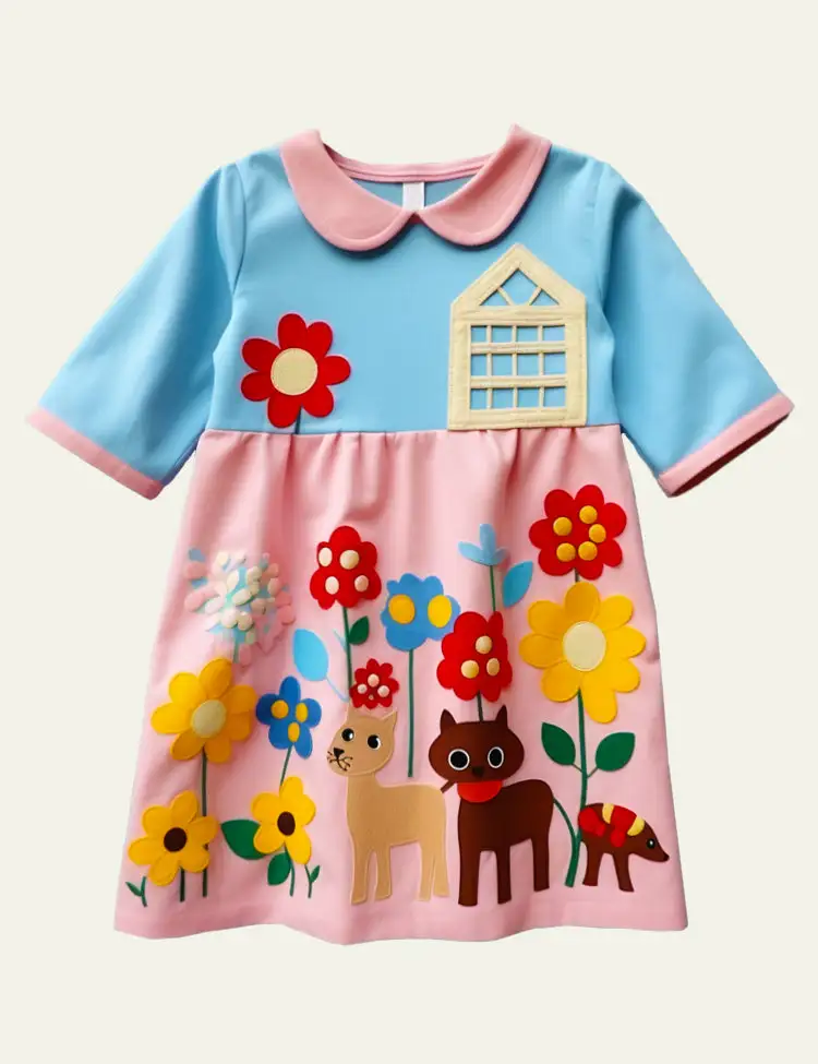 Toddler Kid Girl Dog and Cat House Short Sleeves Lapel Collar Dress