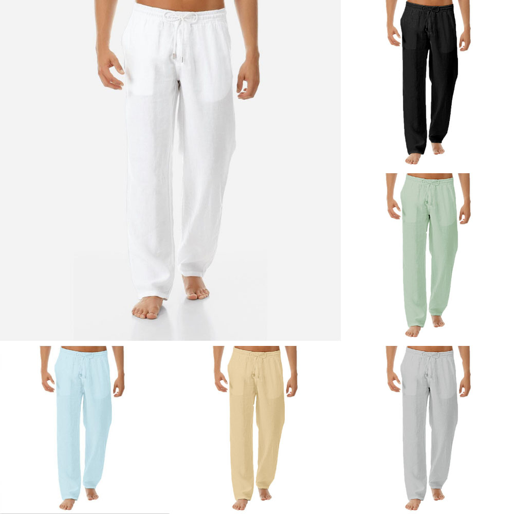 Men's simple fashion solid color casual cotton and linen trousers