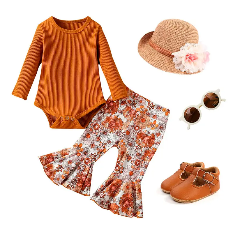Brown Floral Flared Pants Baby Set