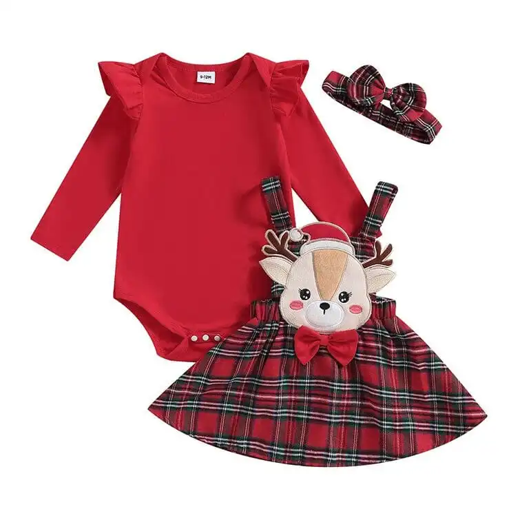 Long Sleeve Red Plaid Deer Baby Set