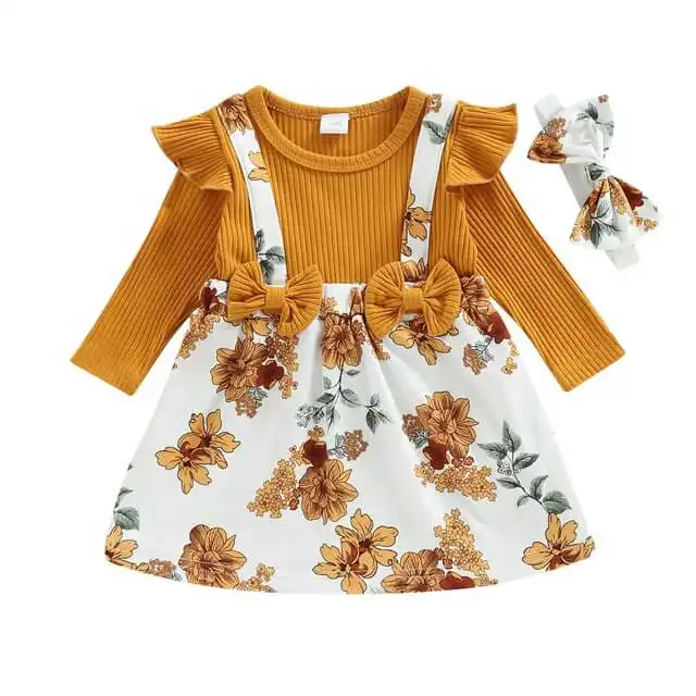 Long Sleeve Floral Bows Baby Dress