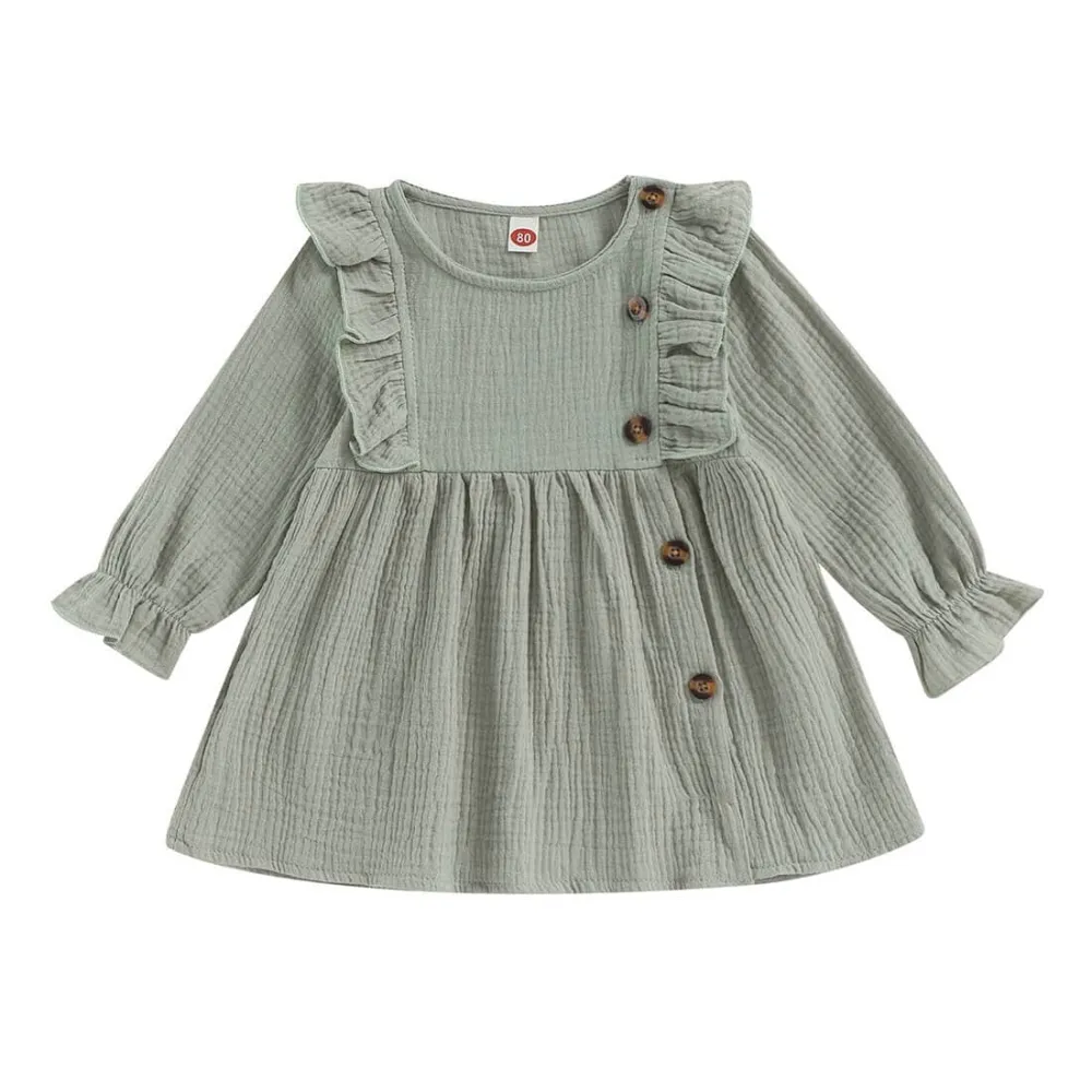 Long Sleeve Solid Buttons Toddler Dress