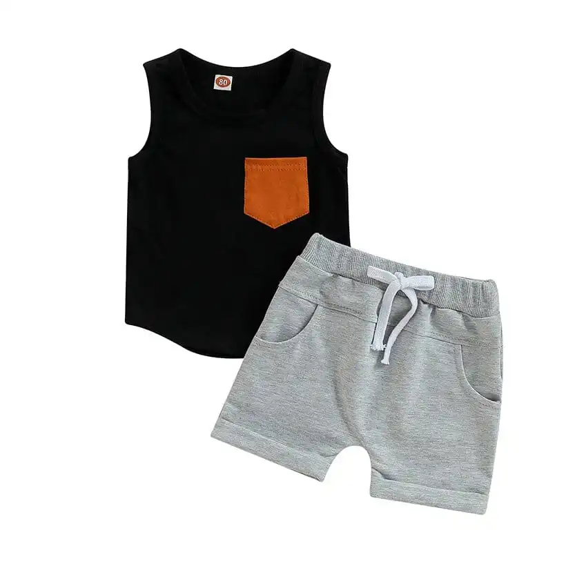 Sleeveless Pocket Solid Shorts Baby Set