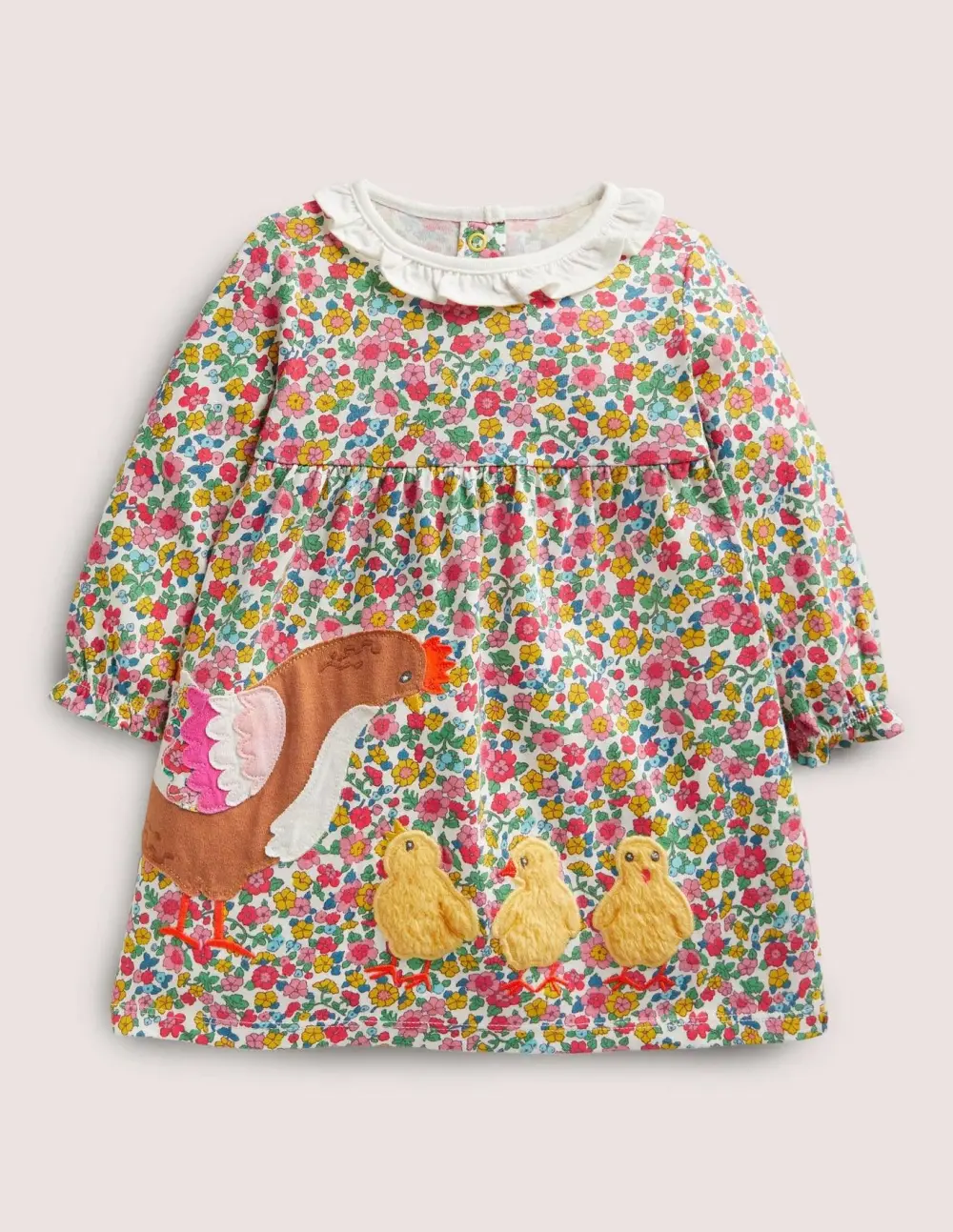 Toddler Girl Flowerbed Chicken Appliqué Crew-neck Dress