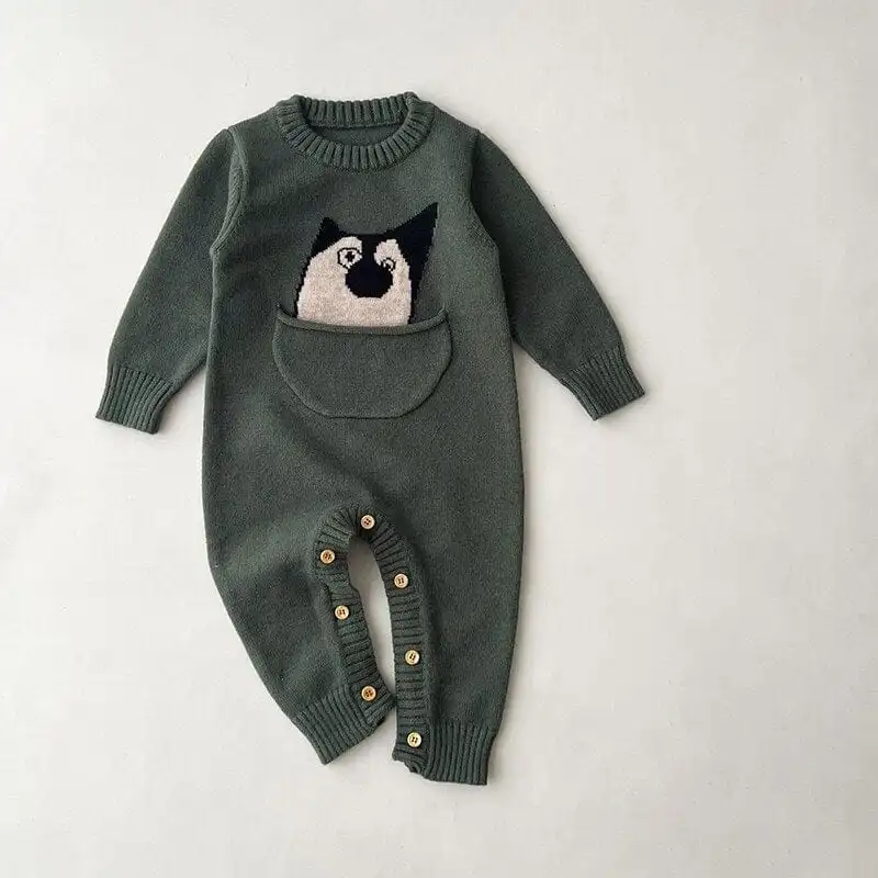 Cartoon Print Long Sleeve Baby Knitted Jumpsuit