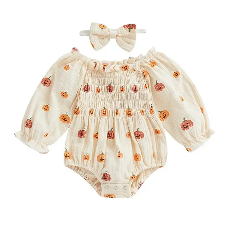 Long Sleeve Ruched Halloween Baby Romper