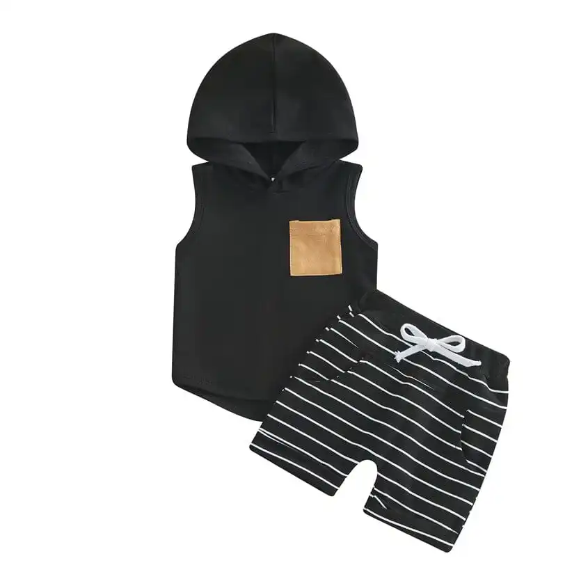 Sleeveless Striped Hooded Baby Set