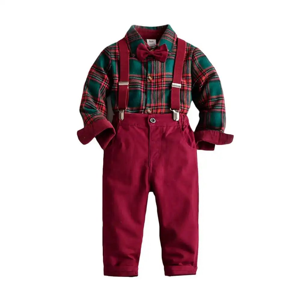 Plaid Shirt Suspender Pants Set