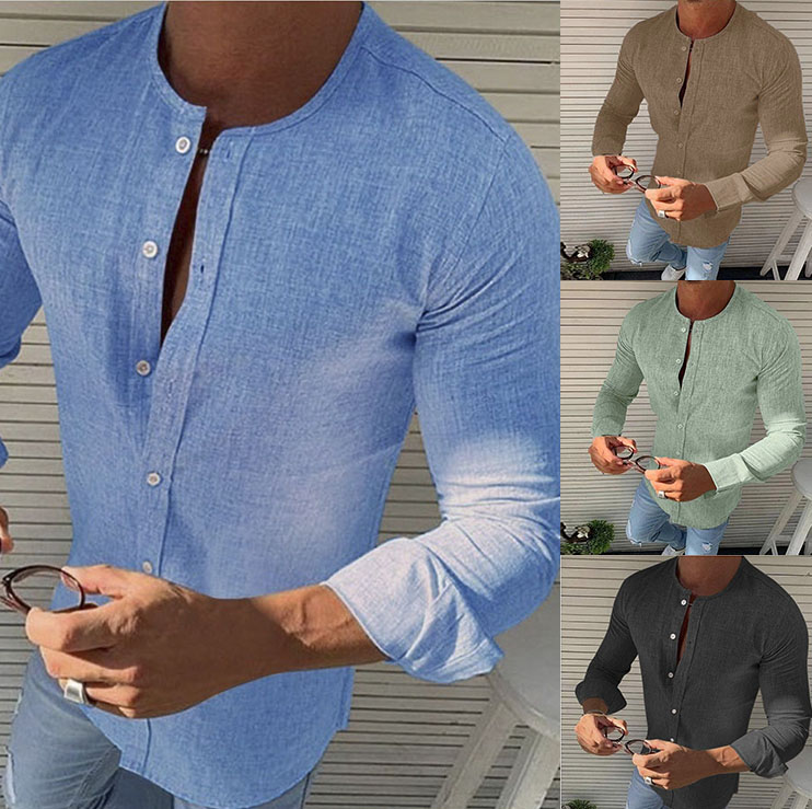 Men's round neck linen solid color shirt