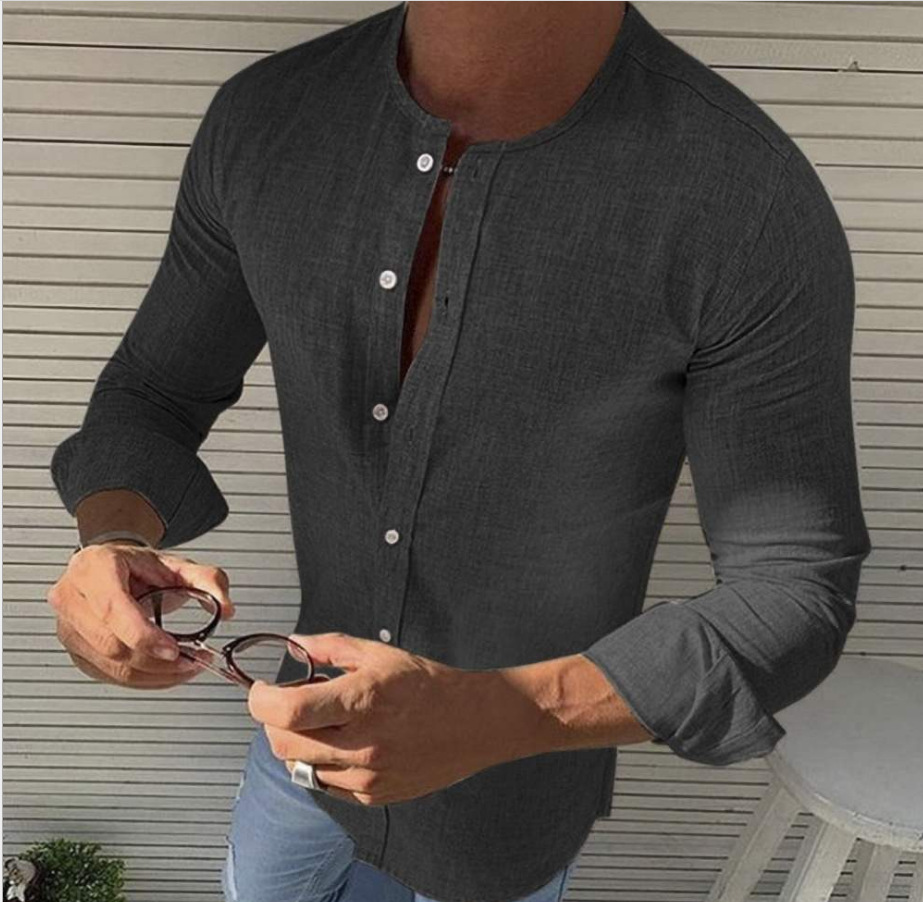 Men's round neck linen solid color shirt
