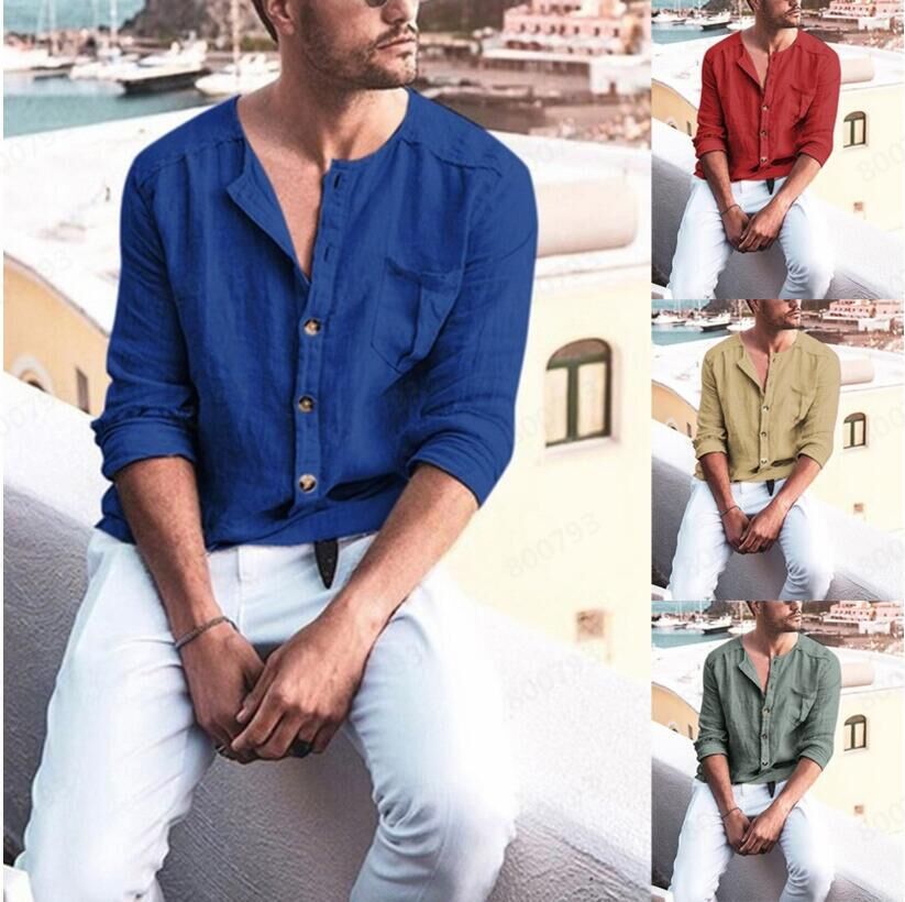 Men's button stand collar long sleeve shirt