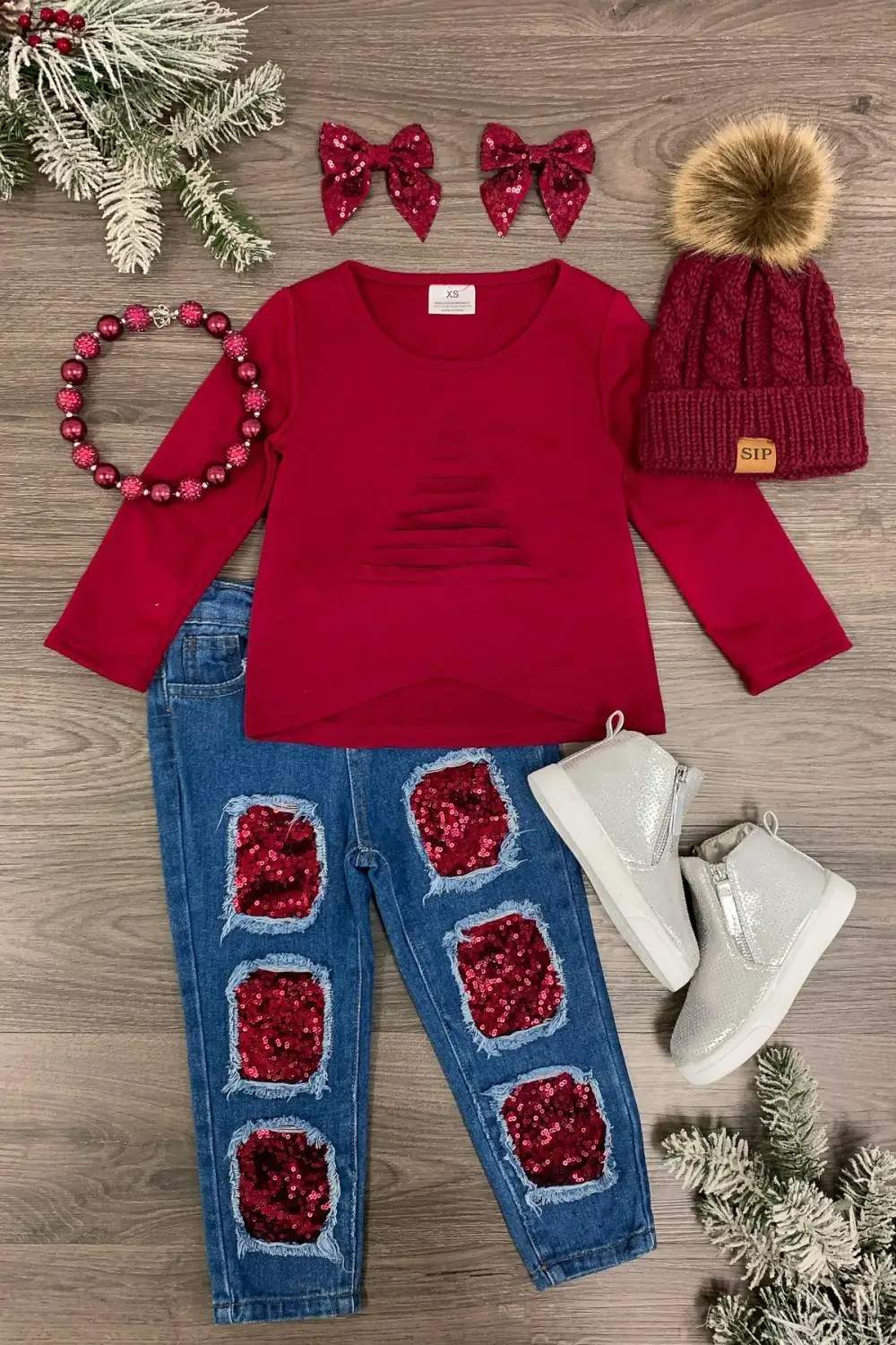 Burgundy Distressed Tree Sequin Denim Pant Set