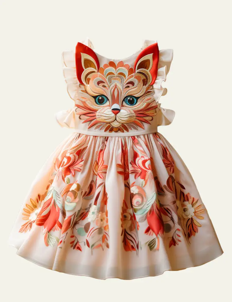 Toddler Kid Girl Art Kitten Gauze Flutter-sleeve Dress