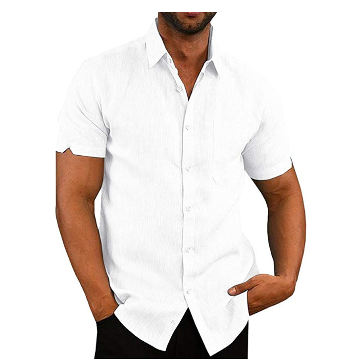 Men's solid color lapel button linen short-sleeved shirt