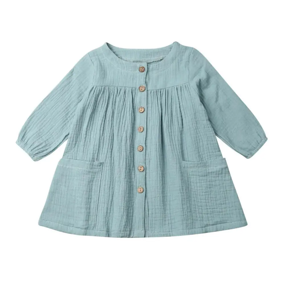 Long Sleeve Button Linen Toddler Dress