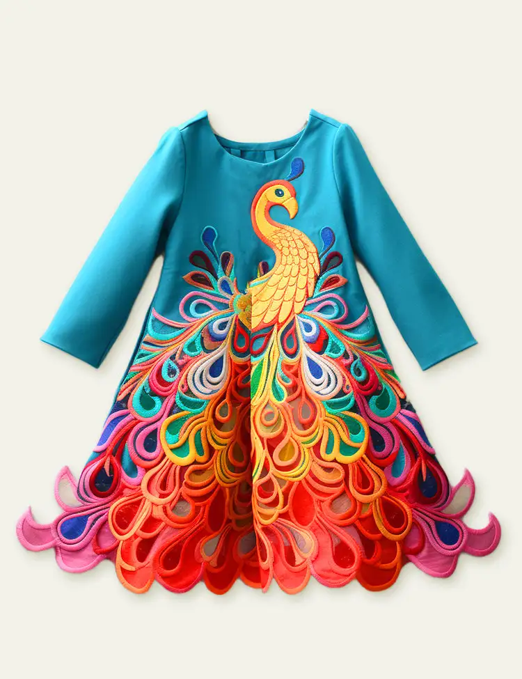 Toddler Kid Girl Gorgeous Peacock Long Sleeves Dress