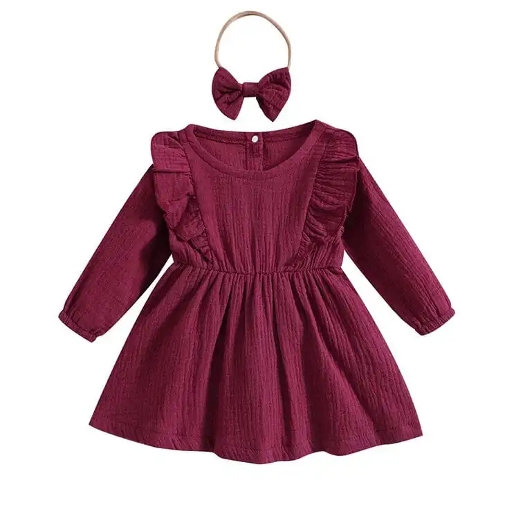 Long Sleeve Solid Ruffles Toddler Dress