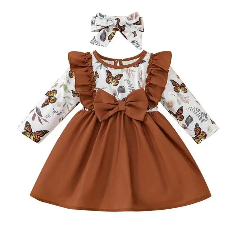 Long Sleeve Brown Butterfly Baby Dress