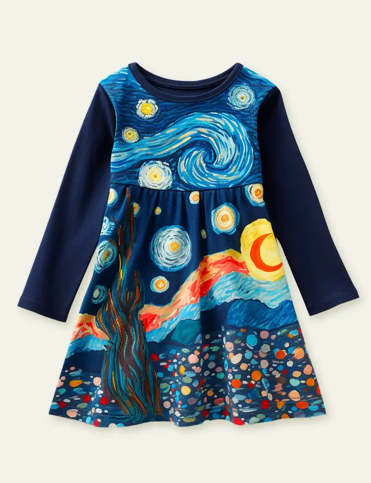 Toddler Kid Girl Starry Sunset Long Sleeve Dress