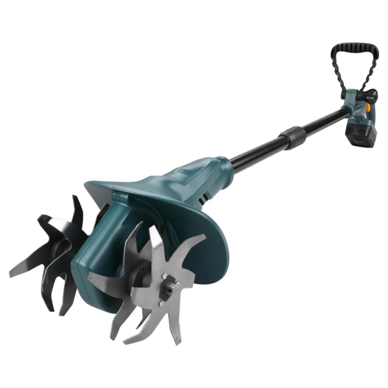 FISHTEC Wireless motor hoe with lithium battery 18 V, working width: 20 cm, working depth: 8 cm, 4 routers, ergonomic double handle, battery and charging station incl.