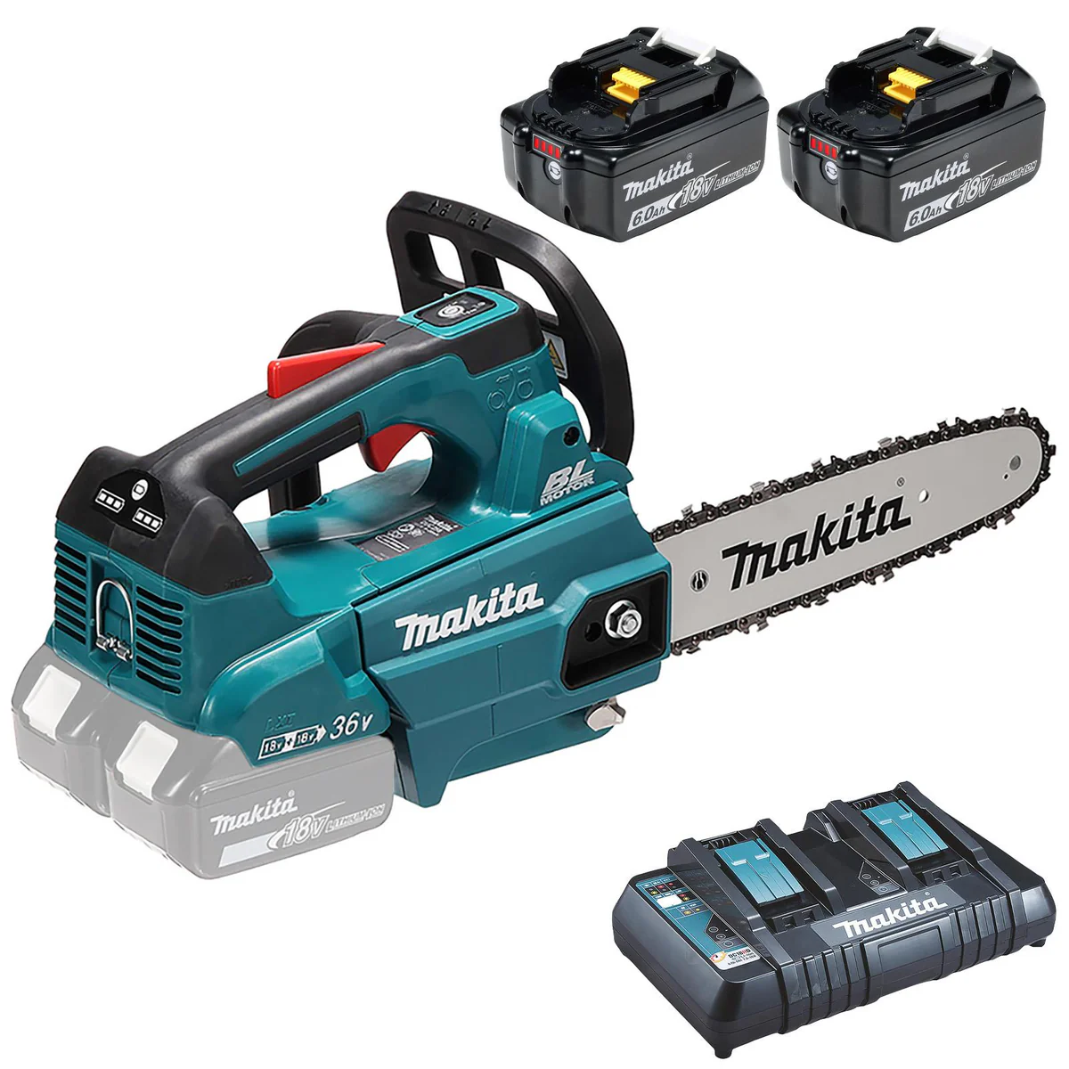 Makita Chainsaw Kit 25cm 10 18V x 2 LXT Brushless Cordless 2 x 6Ah Battery and Dual Rapid Charger Top Handle Garden Tree Cutting Pruning DUC256PG2
