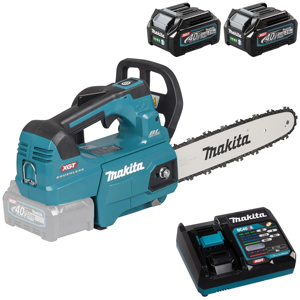 Makita Chainsaw Kit 30cm 12 40V XGT Brushless Cordless Top Handle 2 x 2.5Ah Battery and Rapid Charger Garden Tree Cutting Pruning UC003GD202