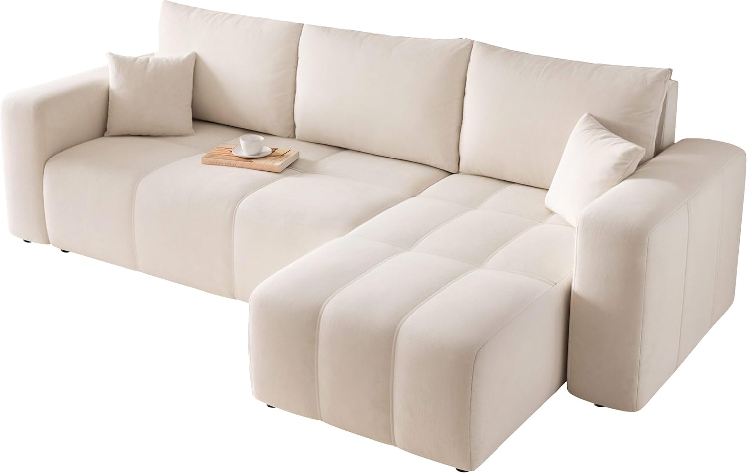 GREKPOL Convertible Corner Sofa 145 x 248 cm Left or Right – 3 Seater Sofa Convertible Cream with Storage Space