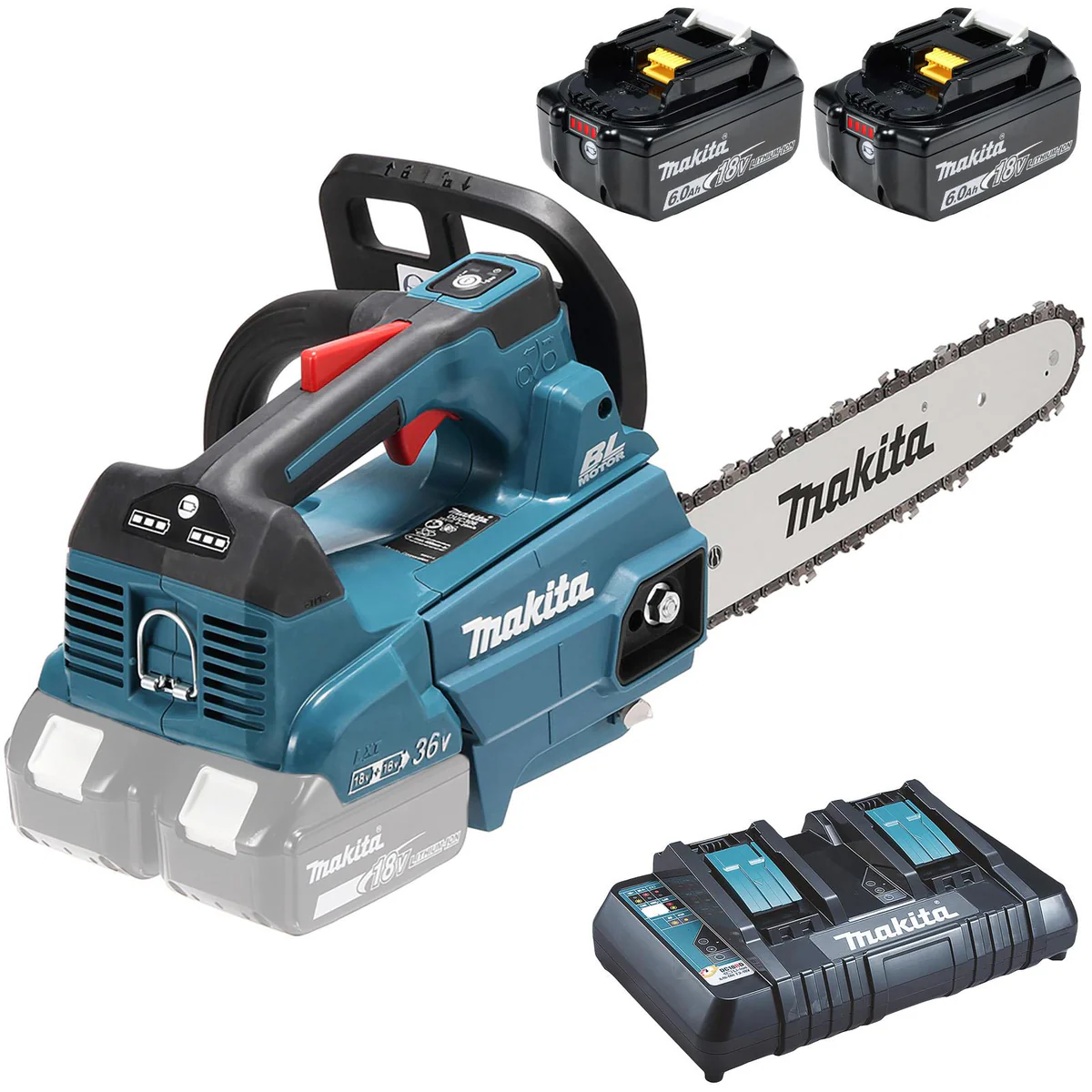 Makita Chainsaw Kit 30cm 12 18V x 2 LXT Brushless Cordless 2 x 6Ah Battery and Dual Rapid Charger Top Handle Garden Tree Cutting Pruning DUC306PG2