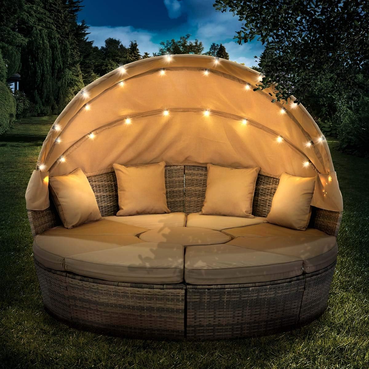 Brast Round Garden Sofa, Braided Polyrattan, in Grey, Black or Brown, 210 cm, with LED Lighting and Cover, Canopy, Foldable, Height-Adjustable, Garden Lounger