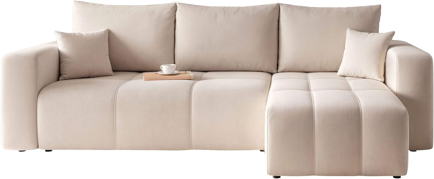 GREKPOL Convertible Corner Sofa 145 x 248 cm Left or Right – 3 Seater Sofa Convertible Cream with Storage Space