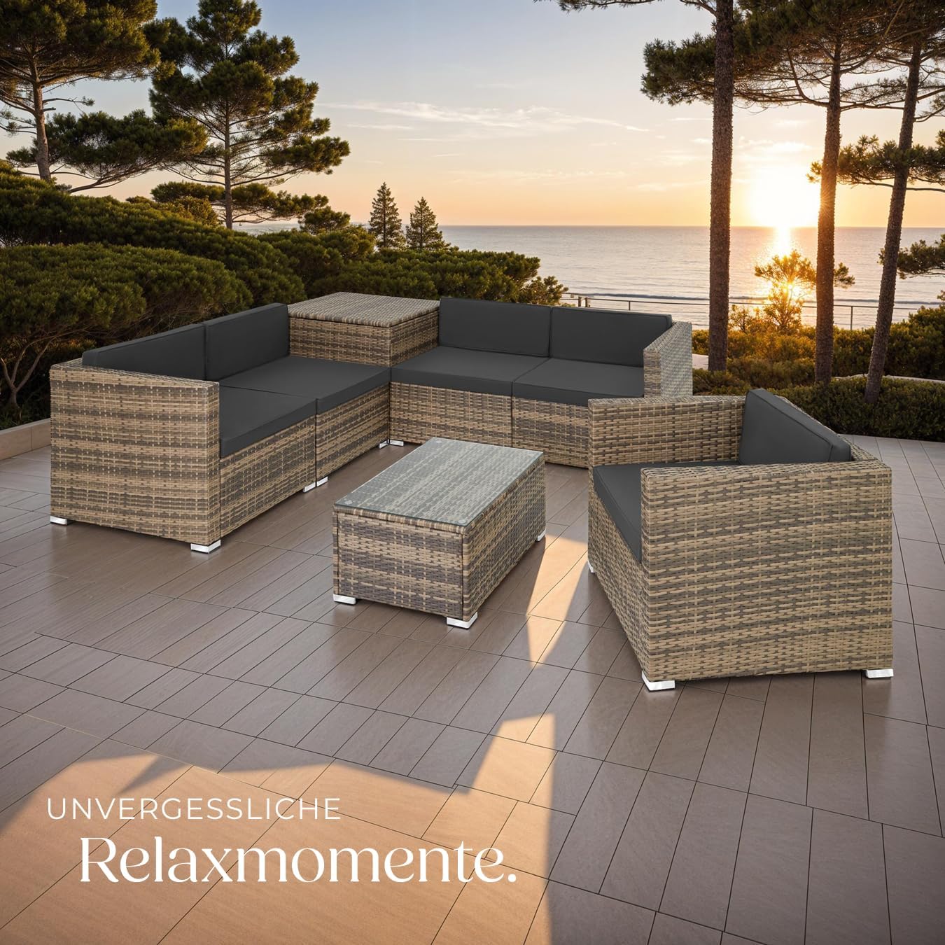 TecTake Polyrattan Seating Group with Storage Box for Upholstery, Table with Glass Top, Freely Groupable Garden Furniture Set, Rattan Lounge for the Garden – Balcony Furniture, Balcony Furniture, Small Balcony